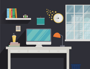 Workplace in flat style with computer and long shadow