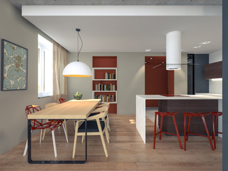 3d rendering kitchen with dining area