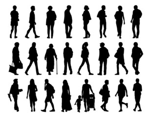 big set of people walking silhouettes set 2 - obrazy, fototapety, plakaty