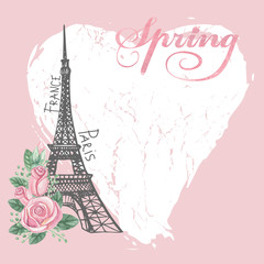 Fototapeta na wymiar Paris vintage spring card.Eiffel tower,Watercolor rose