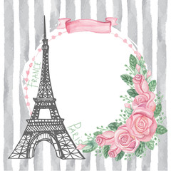 Fototapeta na wymiar Paris vintage card.Eiffel tower,Watercolor rose,grey strips