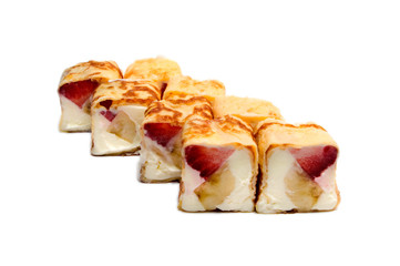 sweet sushi with banana, strawberries and cheese