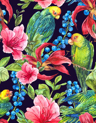 Seamless Background with Tropical Flowers, Parrots