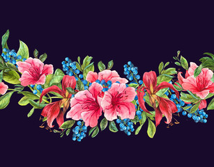 Seamless Watercolor Border with Tropical Flowers