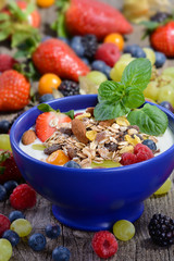 Müsli mit frischen Früchten und Nüssen auf Naturjoghurt