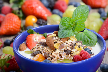 Joghurt mit Müsli und bunten Früchten