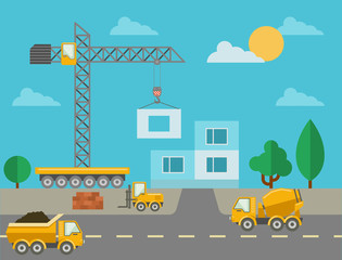 Construction process with construction machines and erected