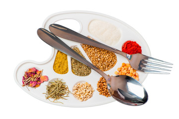 tablewares and a palette of spices and groceries