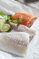 Fischsorten, Schellfisch, Seelachs, Lachs, auf Papier