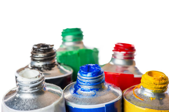 open tubes of paint for painting isolated
