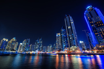 Night view of the skyscrapers in Dubai.