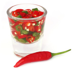 Chili peppers in a transparent glass