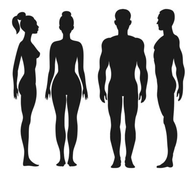 Front and side view silhouettes of man, woman