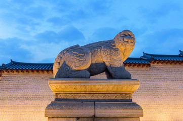 Geyongbokgung Palace at night in Seoul, South Korea.