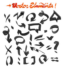 Collection of black grungy vector abstract drawing elements