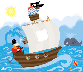 piraci, statek piracki, morze i wieloryb - białym tle - obrazy, fototapety, plakaty