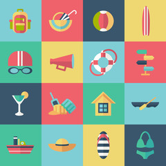 Set of flat summer icons with shadow