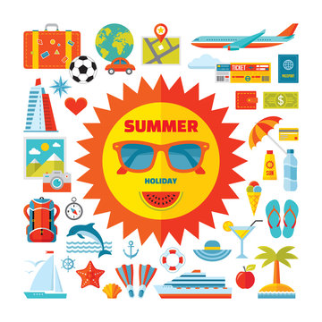 Summer holiday - vector icons set in flat style design