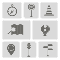 set of monochrome icons with map and location sign