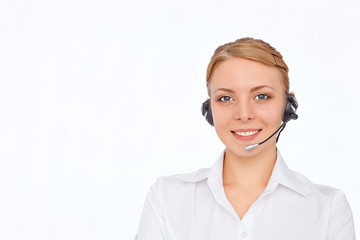 Support phone operator  in headset, blonde girl, isolated