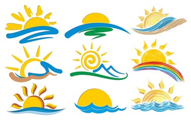 Set of logos with the sun and the sea.