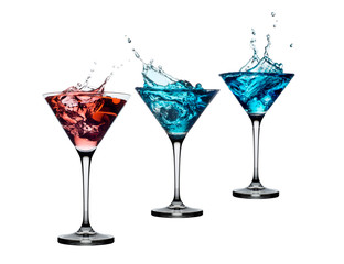 Red and blue cocktails with splashes isolated on white