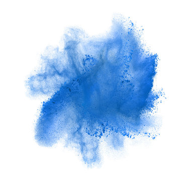 Freeze motion of blue powder exploding, isolated on white