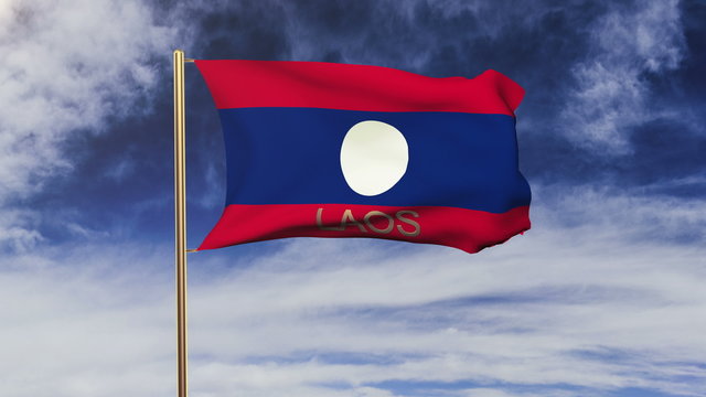 Laos flag with title waving in the wind. Looping sun rises style