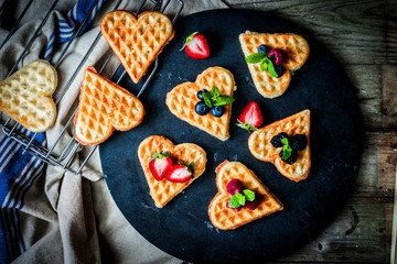 Heart waffles with berries