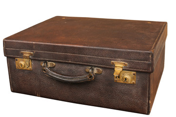 Old locked retro vintage leather suitcase on white background