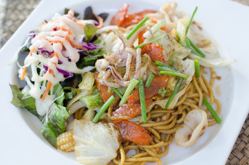 Stir fried spaghetti with teriyaki sauce and seafood