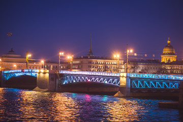 Fototapeta na wymiar Saint-Petersburg, Russia, Palace Bridge and embankment, night