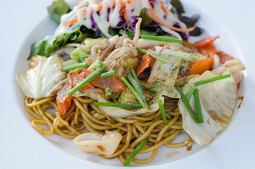 Stir fried spaghetti with teriyaki sauce and seafood