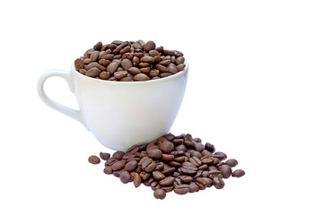 Coffee cup and beans on a white background.