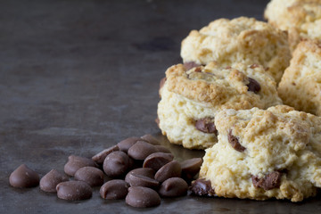 Chocolate Chip Scones on a Tray with chocolate Chips