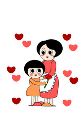 母の日のイラスト: お母さんにハグする女の子