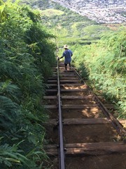 Man climbing down Koko crater stairs, Oahu