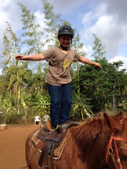 Boy standing on a horse
