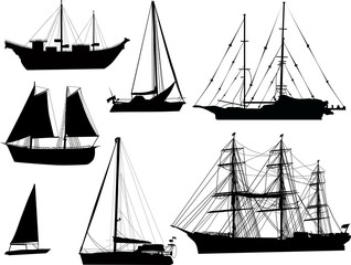 seven black ship silhouettes isolated on white