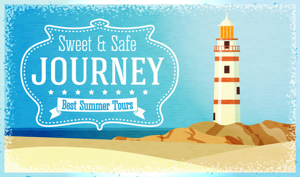 Journeys and tours advertisement with ocean beacon on the rock