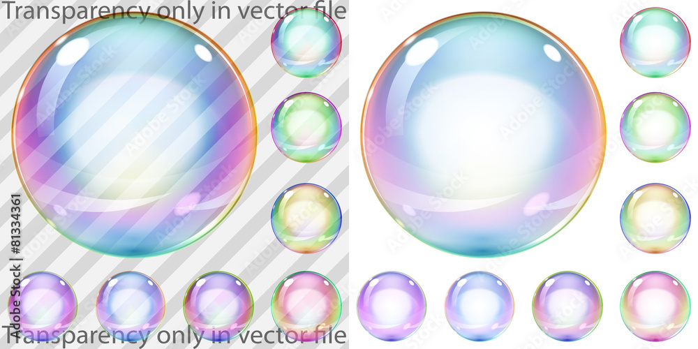 Poster set of multicolored transparent and opaque soap bubbles