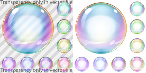Set of multicolored transparent and opaque soap bubbles