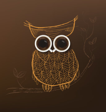 Poster with a coffee cup. Vector,Owl coffee concept.