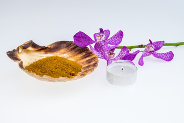 Obraz na płótnie Canvas turmeric powder in seashell with Pink mokara orchids and tea lig
