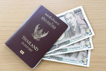Banknotes of Japan in thai passport.
