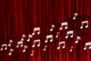 Red curtain stage background with glow note sign