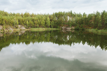 Pine forest reflected in the quary lake. Ukraine