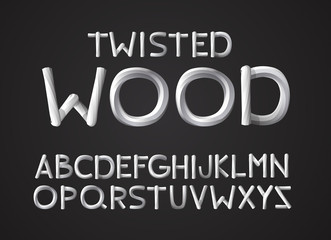 Sans serif geometric font with wood texture. Alphabet twisted