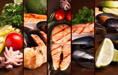 Grilled salmon steak and seafood