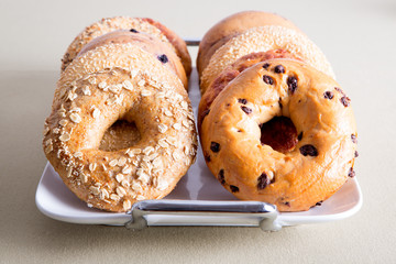Close up Delicious Bagel Breads on White Tray